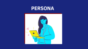 Imagem para identificar o termo "Persona". Exibe a ilustração de uma mulher de cor azul clara, segurando um notebook amarelo com alguns traços que simbolizam o computador ligado.